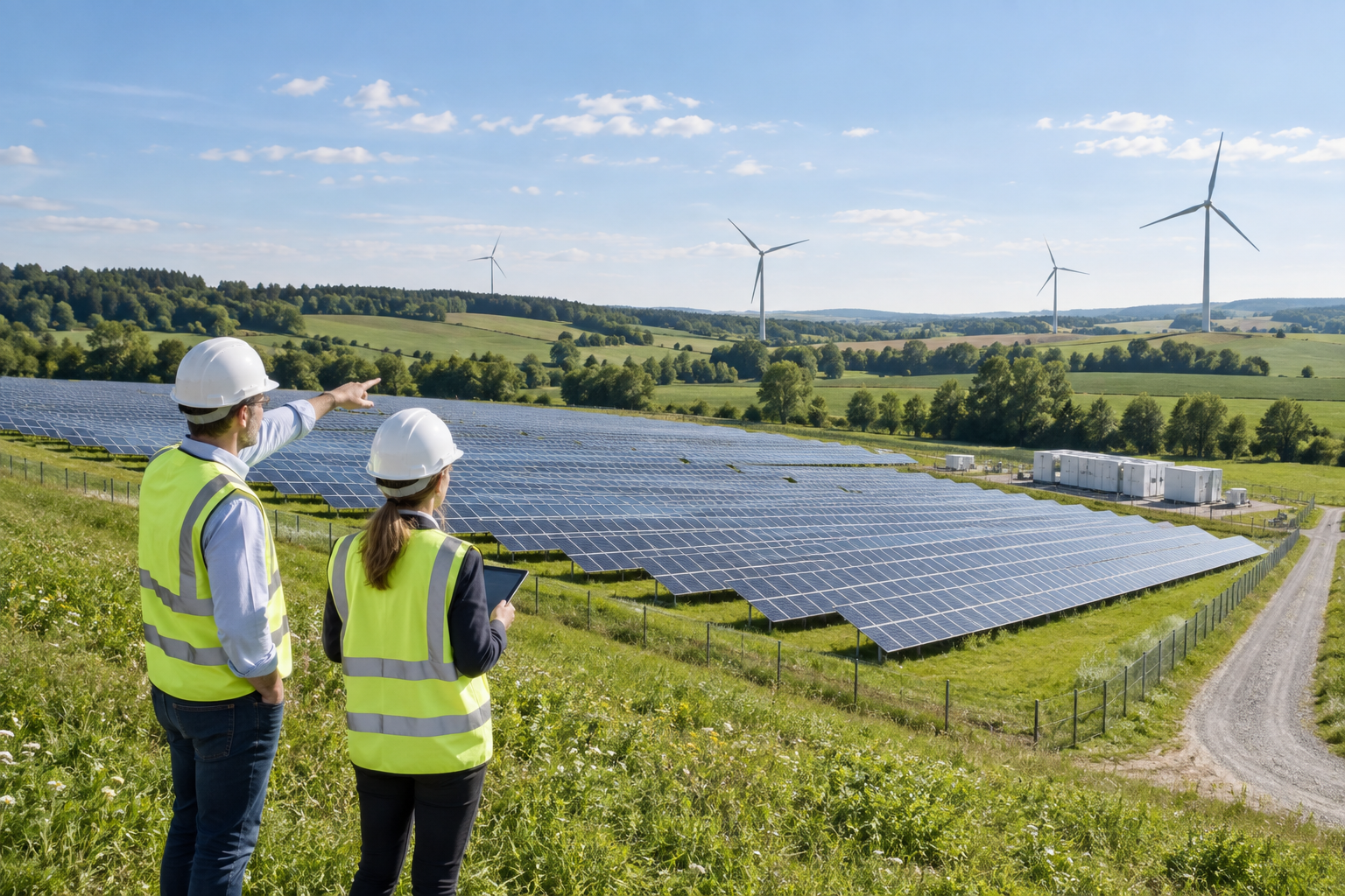 Solaranlage und Windräder in landwirtschaftlicher Umgebung
