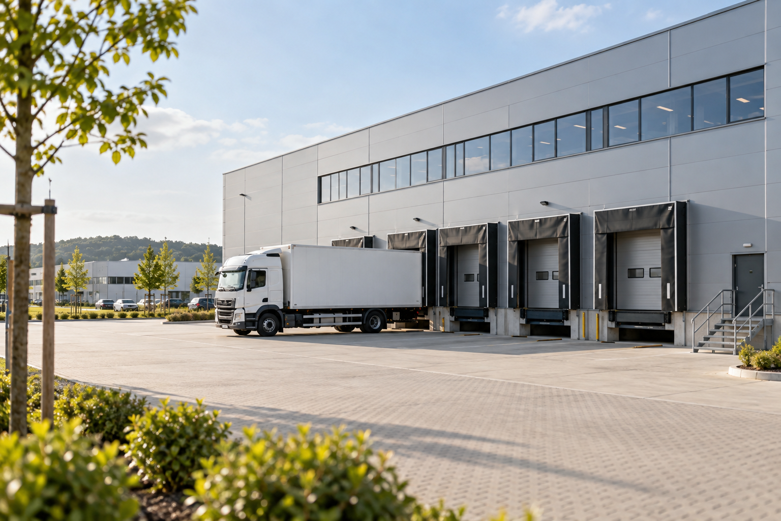 Logistikgebäude mit Ladebuchten und Lieferfahrzeug