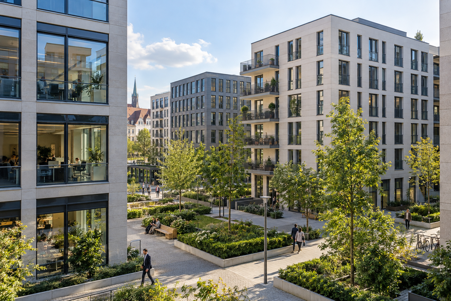 Büro- und Wohngebäude mit begrüntem Innenhof